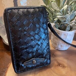 New Elliott Lucca Black Leather Woven Wallet Wristlet